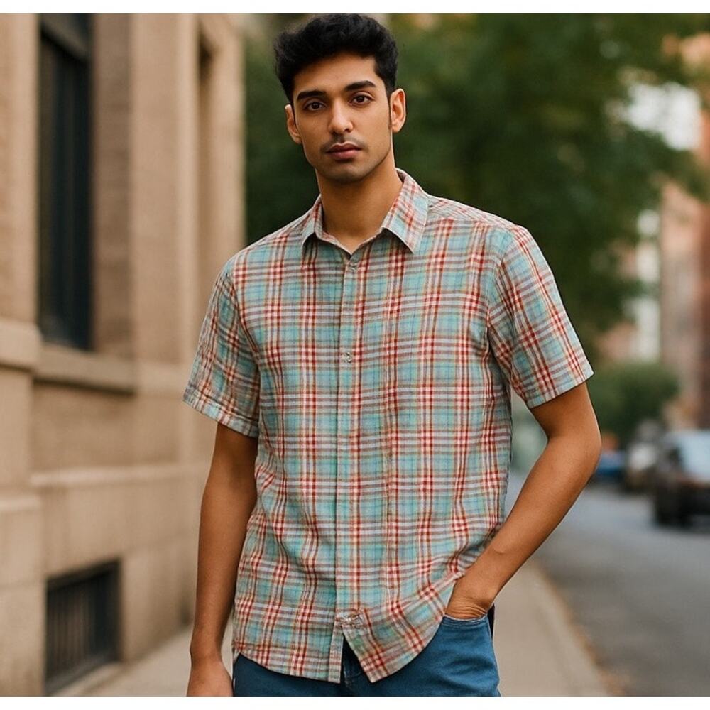 LL Bean Shirt Men XL Teal/Red Plaid Seersucker Slightly Fitted Organic Cotton